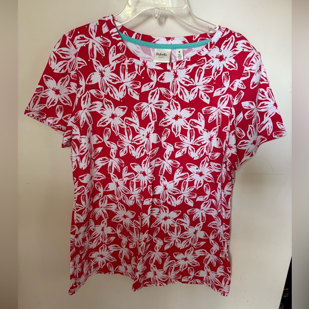 Rafaella Red and White Floral Short Sleeve Top
